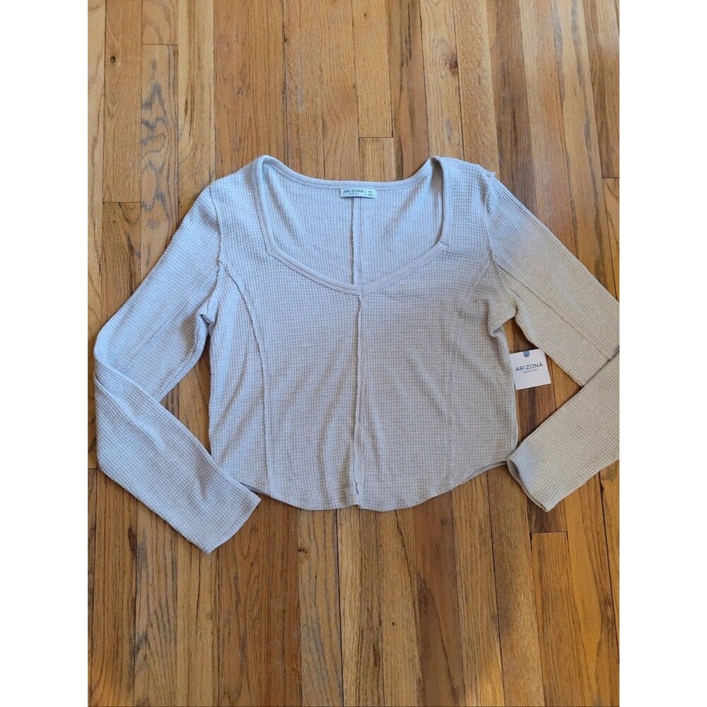 Arizona Jean Company Lightweight Waffle-Knit Long Sleeve Top in Beige XXL